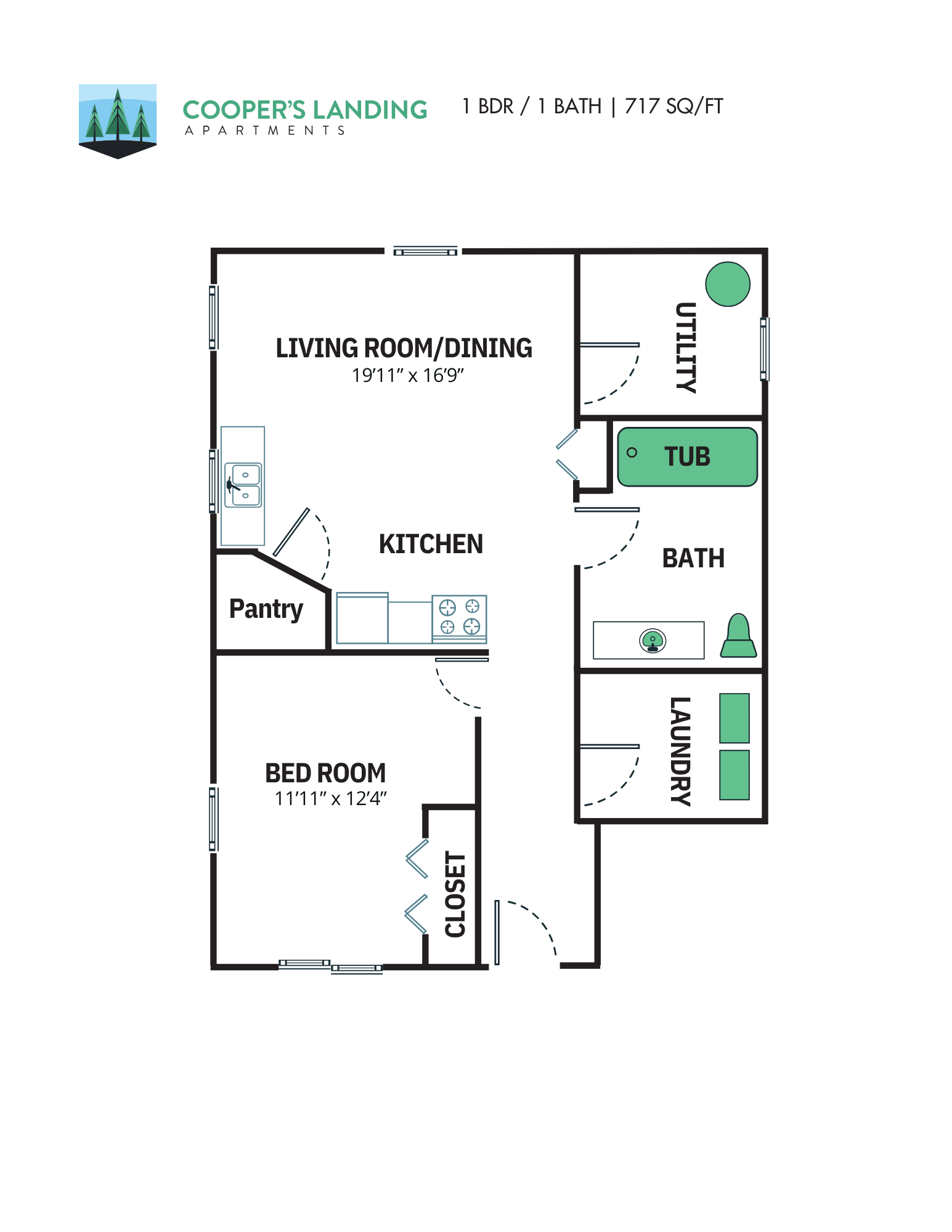 Floor plan for 1 bed, 1 bath, 717 sqft